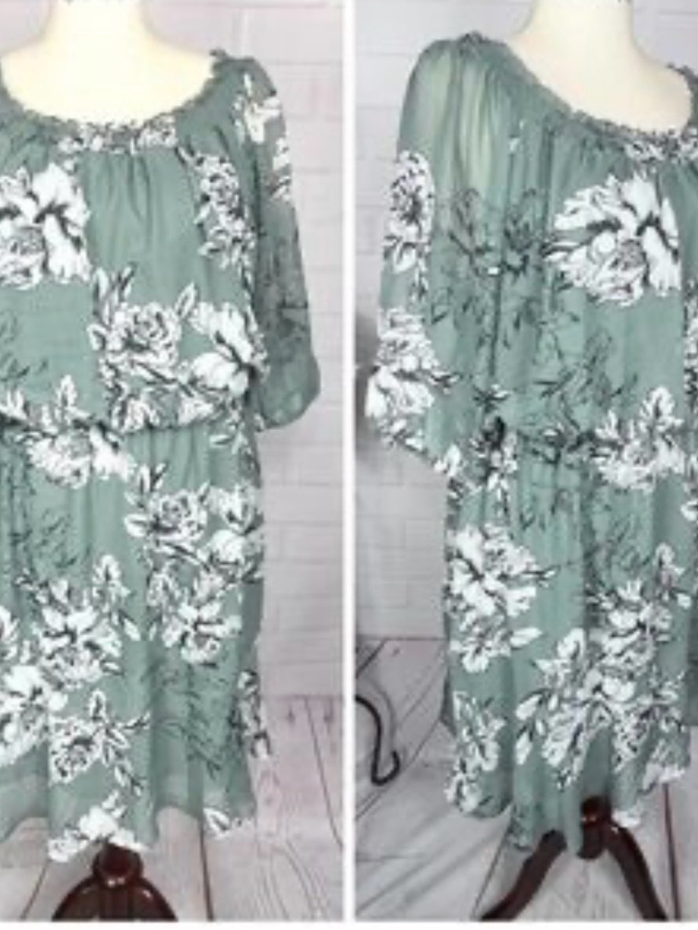 Sage Green Floral Long Sleeve Midi Dress